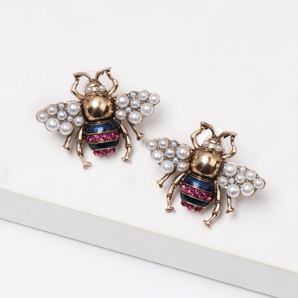 Gold and Pearl Bee Earrings